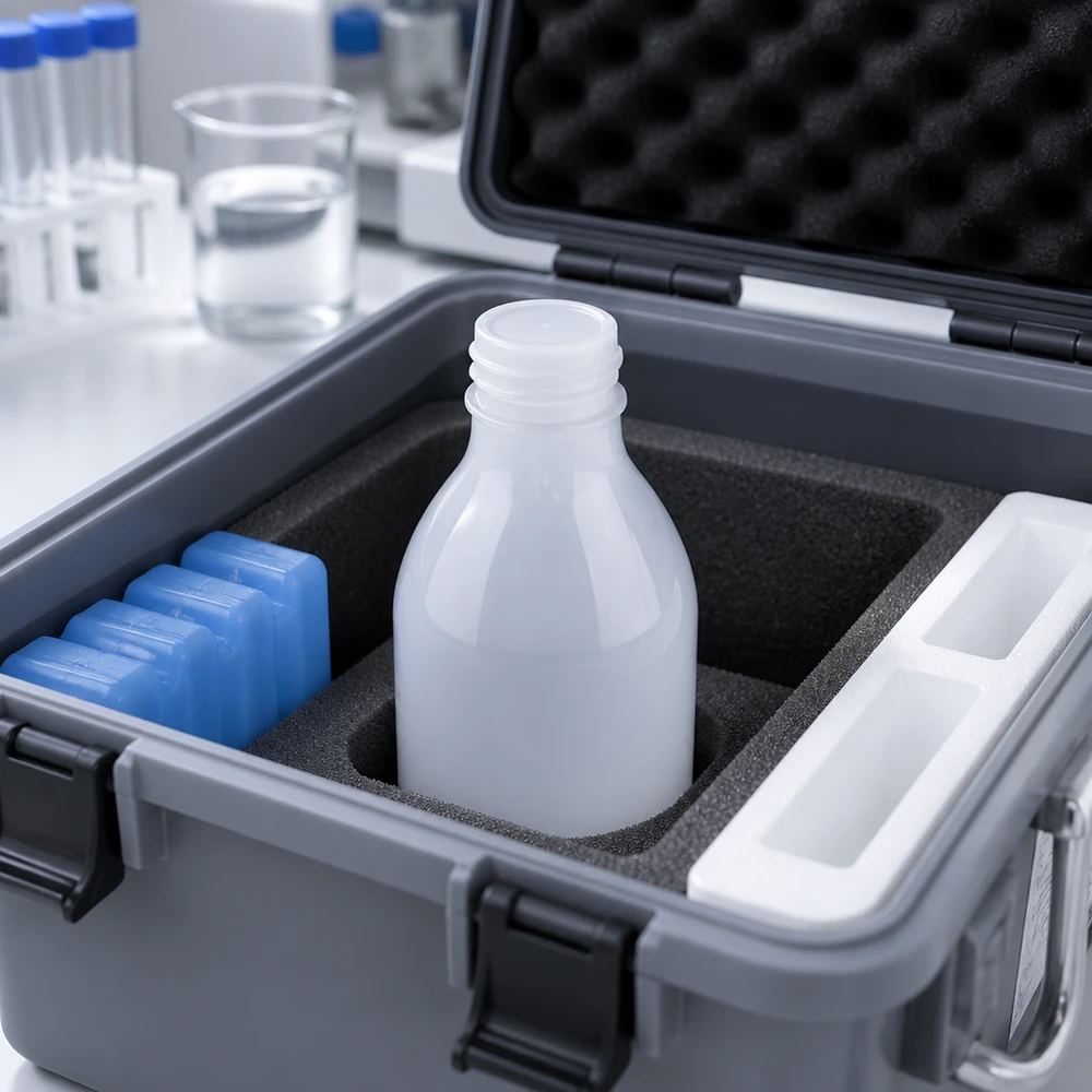 30 ml biała butelka laboratoryjna z wąską szyjką, bez zamknięcia, w wyściełanej walizce transportowej z wkładami chłodzącymi