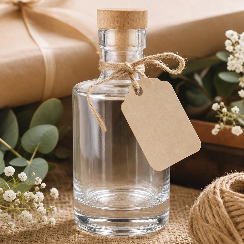 Szklana butelka Marie pusta o pojemności 200 ml z drewnianym korkiem, papierowa zawieszka, pudełko upominkowe z eukaliptusem i gipsówką