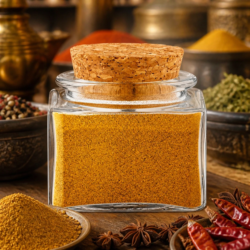 Mały słoiczek na przyprawy „Quadratus” o pojemności 40 ml, wypełniony curry i otoczony orientalnymi przyprawami