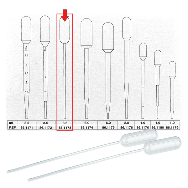 Pipeta transferowa, objętość nominalna: 3,5 ml, (dł. x szer.): 155 x 12,5 mm, materiał: LD-PE, przezroczysta, wielkość kropli: 30 µl - 45 µl, 500 sztuk/karton Pipeta transferowa, objętość nominalna: 3,5 ml, (dł. x szer.): 155 x 12,5 mm, materiał: LD-PE, przezroczysta, wielkość kropli: 30 µl - 45 µl, 500 sztuk/karton