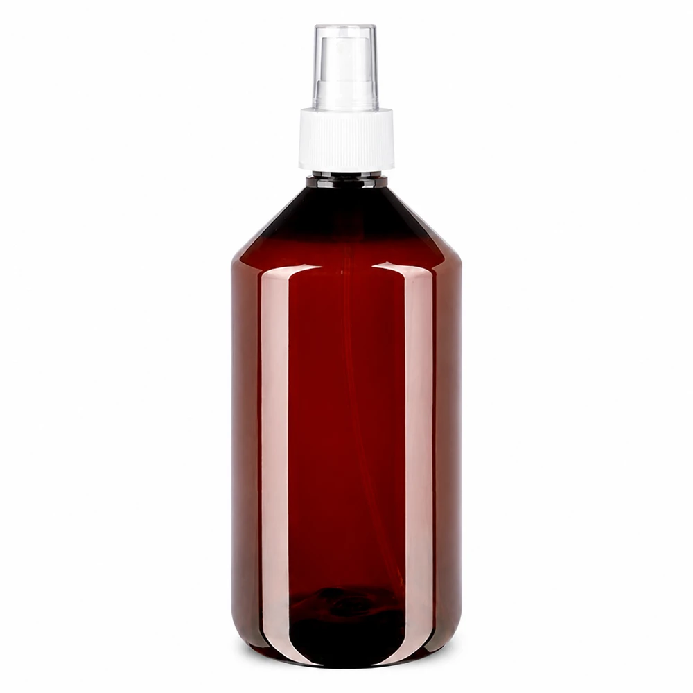 Brązowa butelka PET o pojemności 750 ml z białą głowicą rozpylającą, przeznaczona do kosmetyków i zastosowań domowych