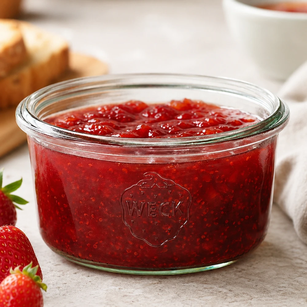 Słoik WECK RR80 o pojemności 165 ml wypełniony czerwonym dżemem truskawkowym na białym drewnianym stole obok świeżych truskawek i chleba