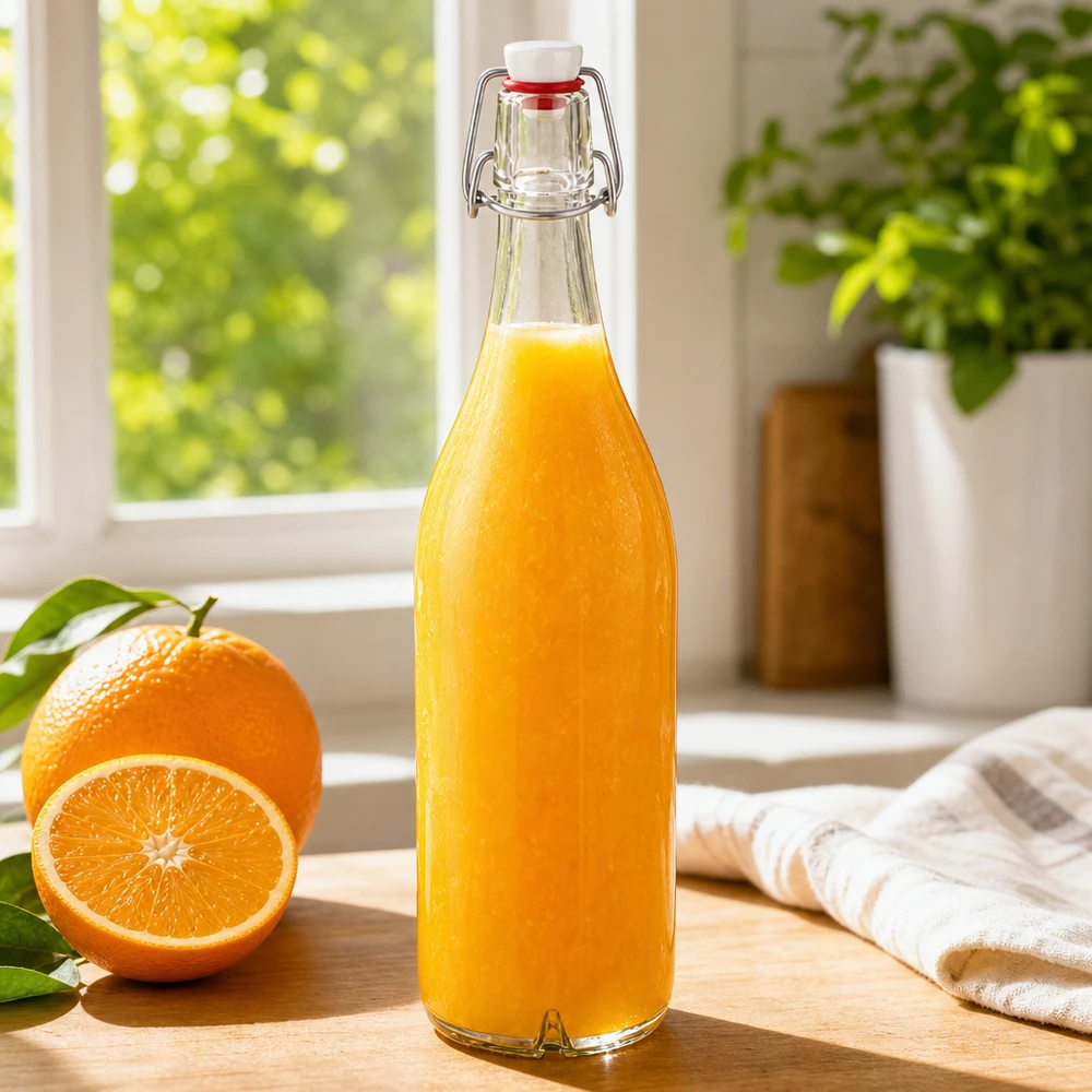 1000 ml szklana butelka z PVC wypełniona świeżym sokiem pomarańczowym obok pomarańczy na drewnianym parapecie
