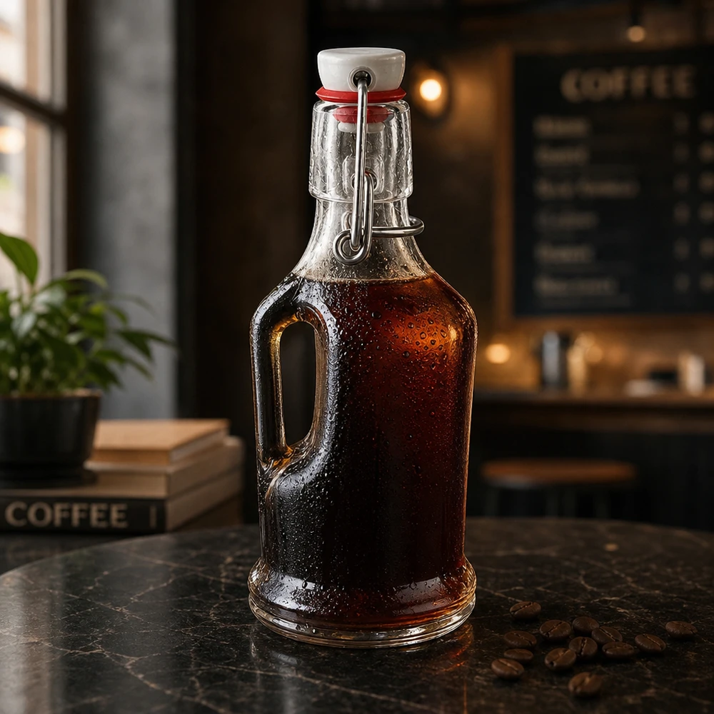 Szklana butelka 200 ml Bertha z zamknięciem zatrzaskowym z PVC UNiTWIST® 200ml Glasflasche Bertha mit dunklem Kaffee-Sirup befüllt, Bügelverschluss UNiTWIST, Coffeeshop-Atmosphäre