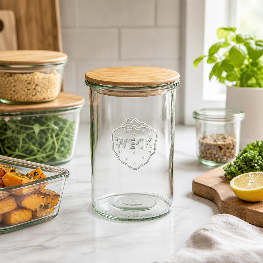 Kubki WECK RR100 o pojemności 1000 ml z drewnianą pokrywką Kubki WECK 1000ml RR100 puste z drewnianą pokrywką w nowoczesnej scenerii kuchennej z warzywami i innymi słoikami do przechowywania