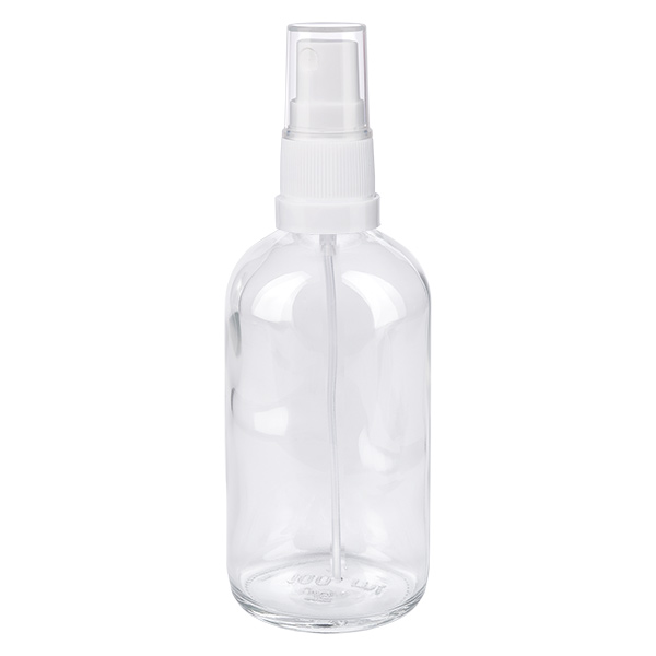 100 ml butelka ze spryskiwaczem biała/przezroczysta STD ClearLine UT18/100 Butelka z atomizerem o pojemności 100 ml, wykonana z przezroczystego szkła z białym atomizerem, seria ClearLine