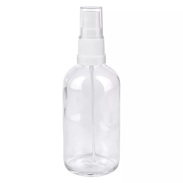 100 ml butelka ze spryskiwaczem biała/przezroczysta STD ClearLine UT18/100 Butelka z atomizerem o pojemności 100 ml, wykonana z przezroczystego szkła z białym atomizerem, seria ClearLine