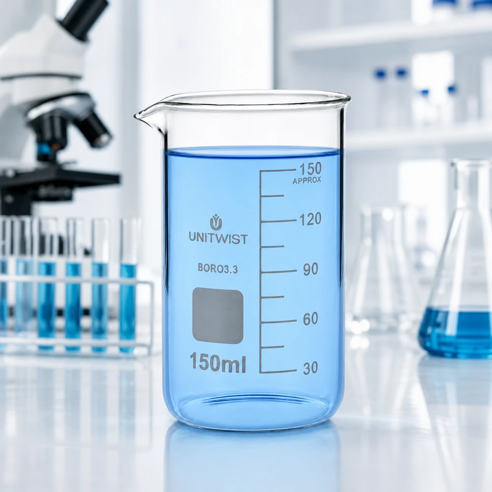 Zdjęcie laboratoryjne: zlewka UNITWIST o pojemności 150 ml, wysoka, z borokrzemianu, wypełniona niebieskim płynem