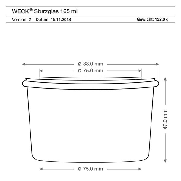Szklanki 165ml WECK RR80 z korkiem naturalne Rysunek techniczny 165ml kubków WECK RR80 o wymiarach 88mm średnica 47mm wysokość 132g waga