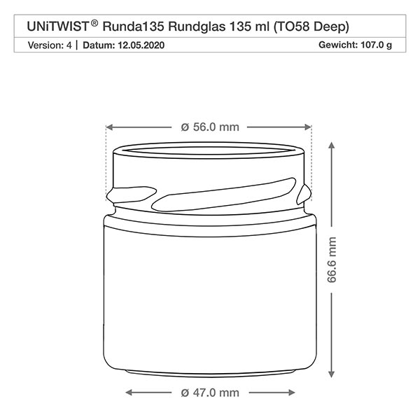 UNiTWIST Runda135 - Okrągły słoik o pojemności 135ml TO58deep UNiTWIST Runda135 szklanka okrągła 135ml TO58 Głęboki rysunek techniczny o wymiarach 56mm średnica 66.6mm wysokość