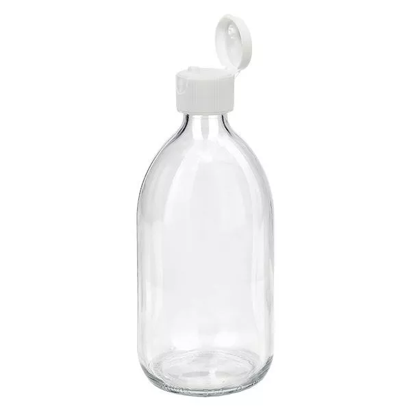 Przezroczysta butelka na lek o pojemności 500 ml z klapką ApoGlas. Farmaceutyczna jakość produkcji UE. Gwint 28 mm (PP28). (syrop, butelka z lekkiego szkła) Przezroczysta butelka na lek o pojemności 500 ml z klapką ApoGlas. Farmaceutyczna jakość produkcji UE. Gwint 28 mm (PP28). (syrop, butelka z lekkiego szkła)