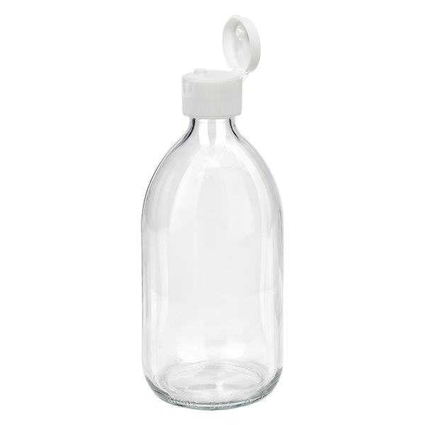 Przezroczysta butelka na lek o pojemności 500 ml z klapką ApoGlas. Farmaceutyczna jakość produkcji UE. Gwint 28 mm (PP28). (syrop, butelka z lekkiego szkła) Przezroczysta butelka na lek o pojemności 500 ml z klapką ApoGlas. Farmaceutyczna jakość produkcji UE. Gwint 28 mm (PP28). (syrop, butelka z lekkiego szkła)