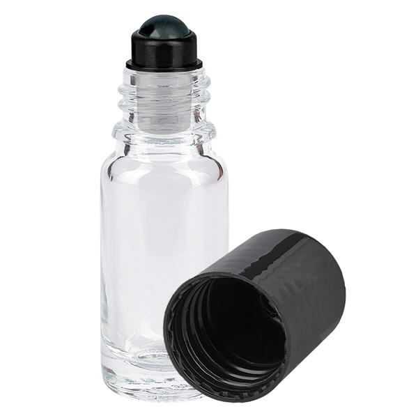 Butelka apteczna przezroczysta 10 ml z czarnym zamknięciem typu roll-on Butelka apteczna przezroczysta 10 ml z czarnym zamknięciem typu roll-on