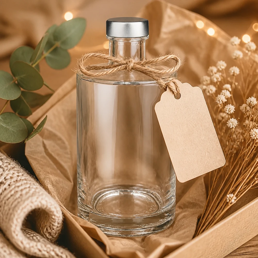 Butelka szklana 375 ml Sam i zakrętka srebrna UNiTWIST® 375ml Glasflasche Sam dekorativ inszeniert mit Bastschleife und Geschenkanhänger in gemütlichem Wohnambiente