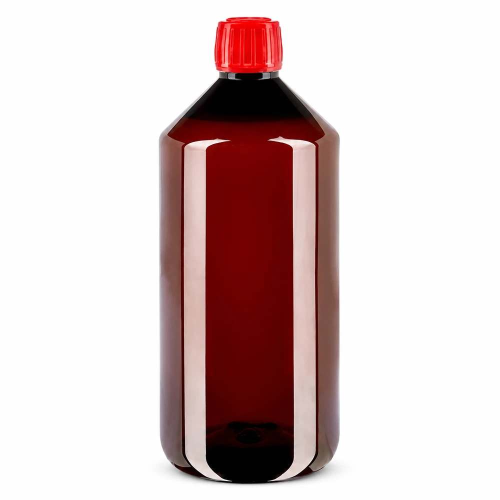 Butelka PET 1000 ml z czerwonym zamknięciem OV Brązowa butelka PET o pojemności 1000 ml z czerwonym zamknięciem zabezpieczającym z przezroczystego tworzywa sztucznego