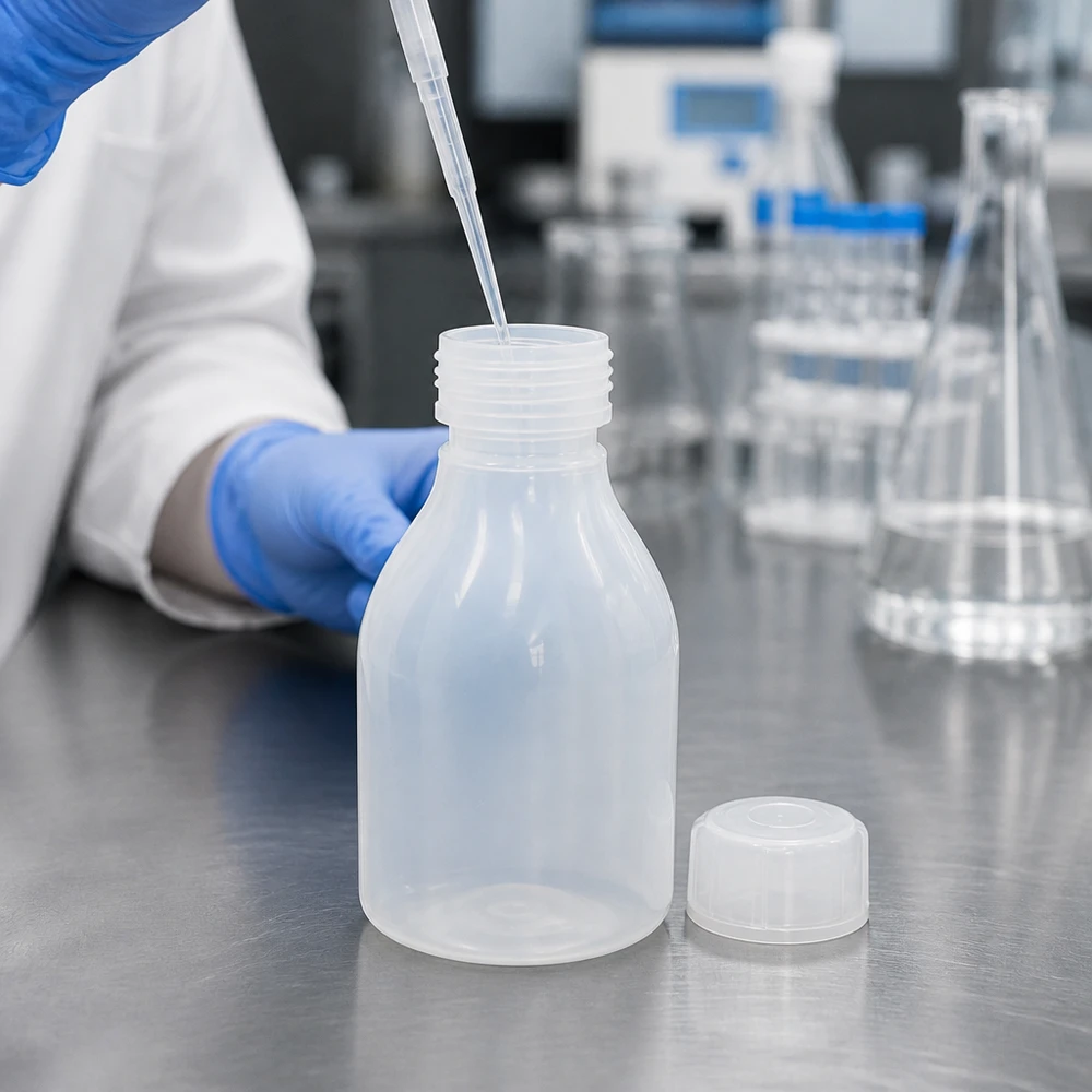 Laborant pipetuje płyn do przezroczystej, plastikowej butelki z zakrętką o pojemności 30 ml, mając na ręce niebieską rękawiczkę