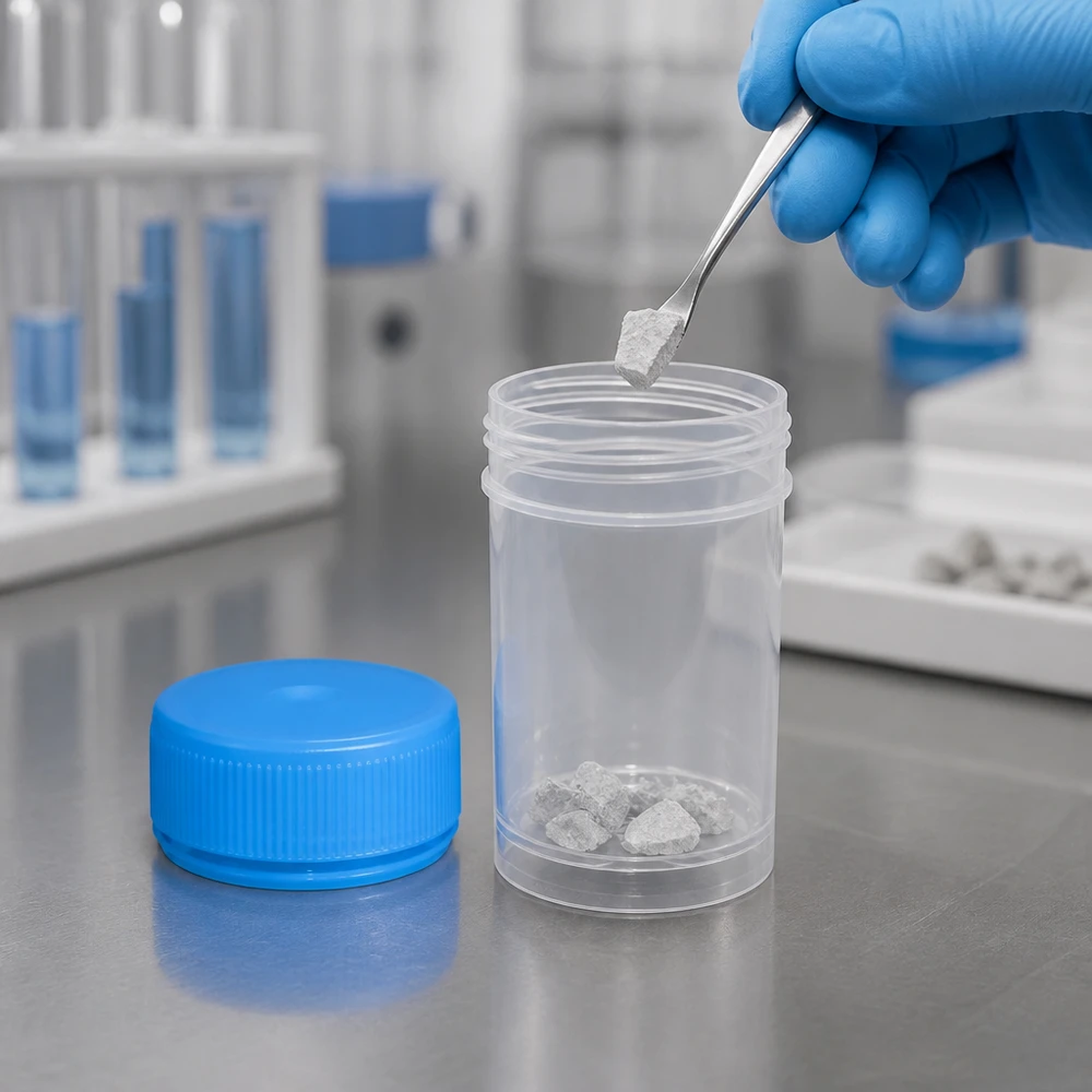 Otwarte opakowanie typu Pathogefäß o pojemności 20 ml z próbkami skał i pęsetą w laboratorium medycznym