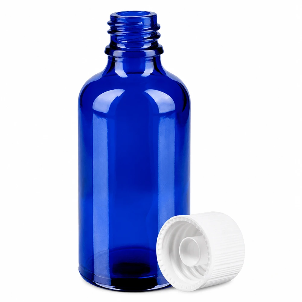 Butelka 50 ml 11 mm SV biała STD BlueLine UT18/50 Mała butelka z zakraplaczem o pojemności 50 ml, niebieska z białą nakrętką do olejków eterycznych i nalewek