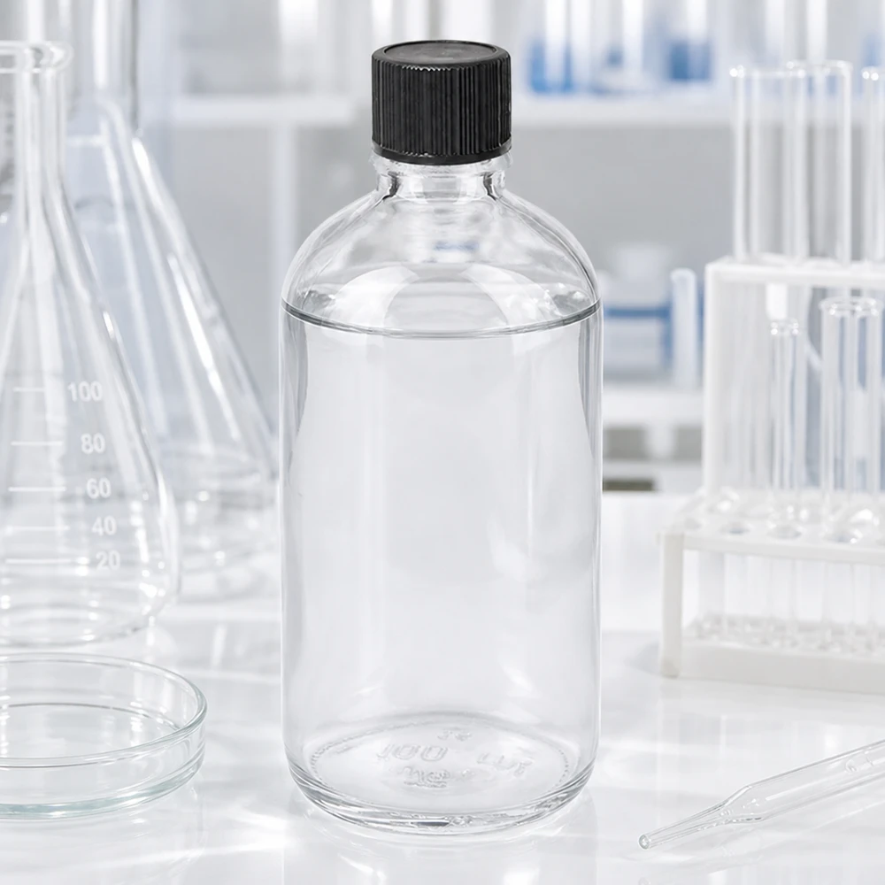 Sprzęt laboratoryjny z butelką kroplową ClearLine o pojemności 100 ml, model STD UT18, z czarną nakrętką i otworem 1 mm
