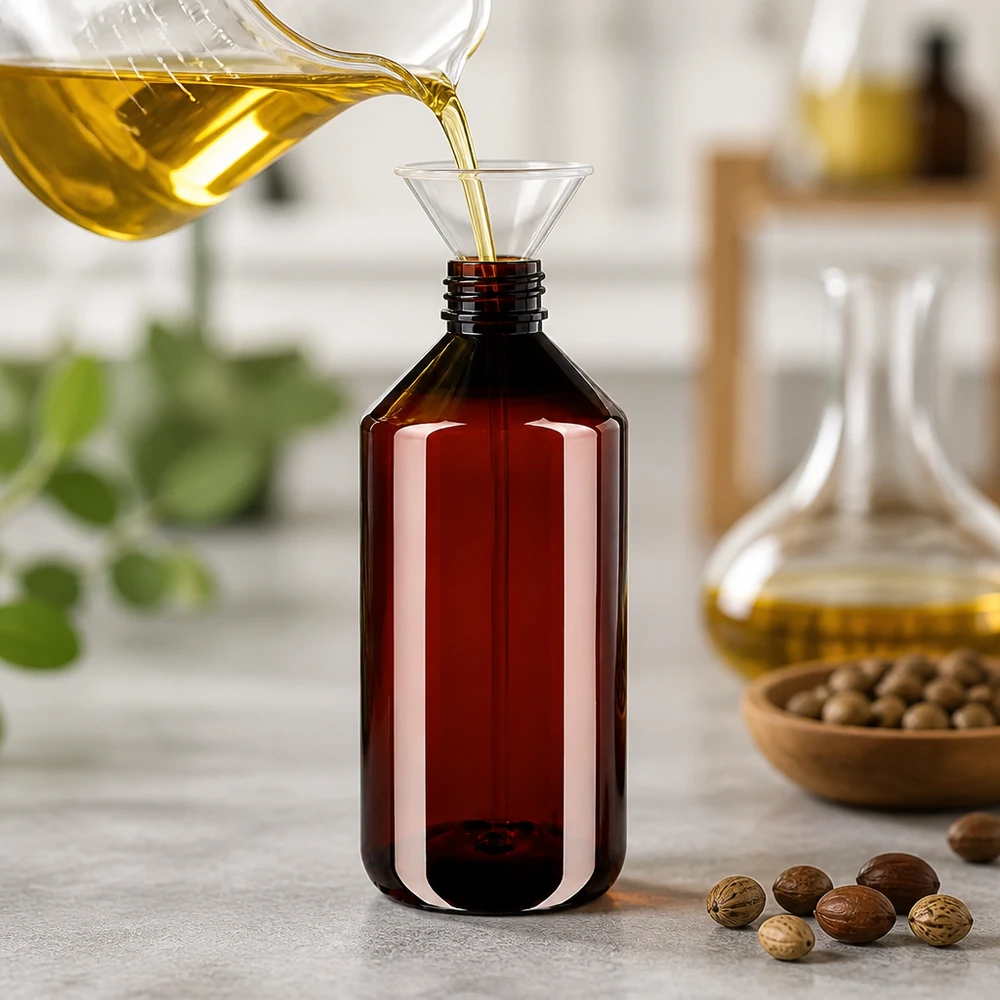 Butelka PET 750 ml z czerwoną nakrętką OV Brązowa butelka PET o pojemności 750 ml z czerwonym zamknięciem podczas napełniania żółtym olejem za pomocą lejka