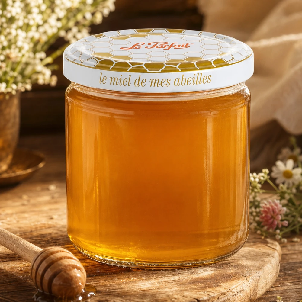 Słoik do przechowywania miodu Le Parfait o pojemności 212 ml wypełniony złotym miodem na drewnianej desce z łyżką miodu i kwiatami