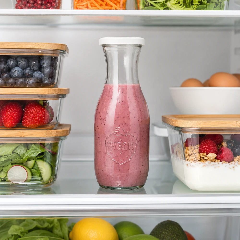 Butelka na sok WECK 1062 ml z jagodowym smoothie w lodówce między pojemnikami na świeżą żywność i pojemnikami do przechowywania