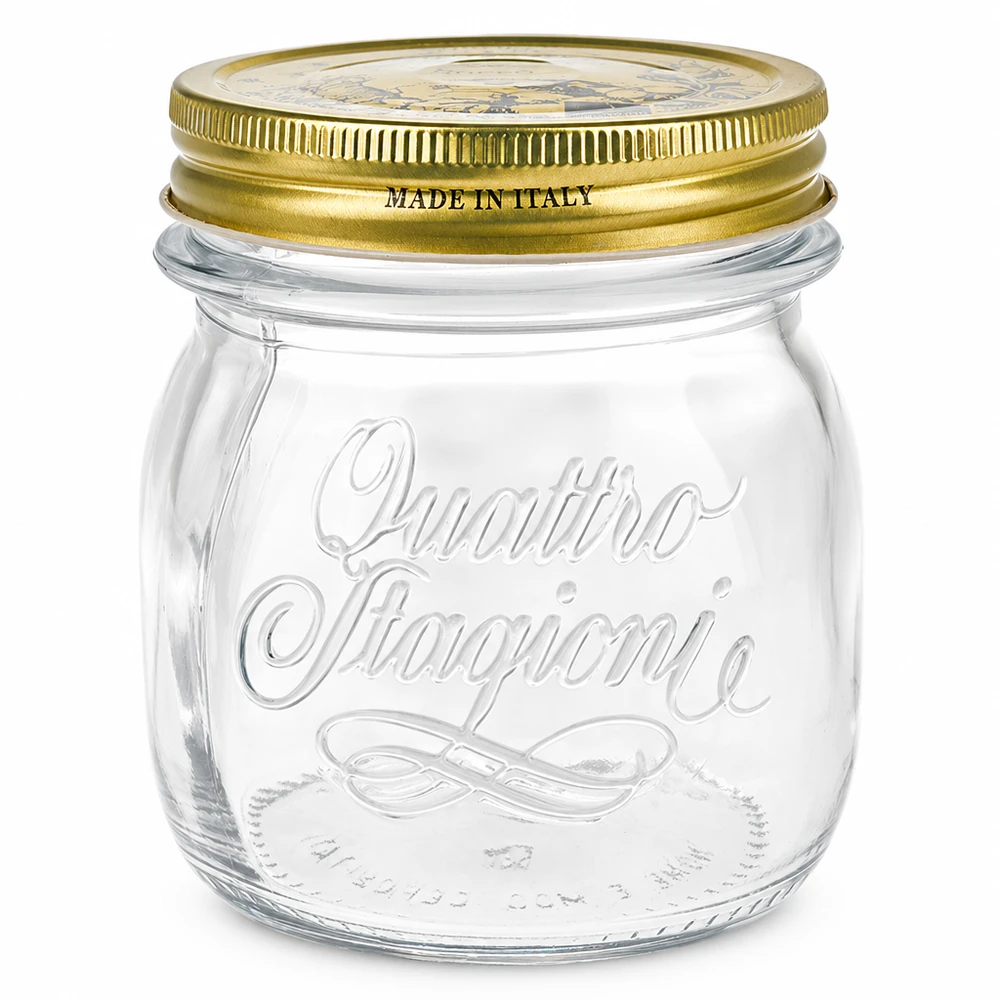 Słoik okrągły 250 ml „Quattro Stagioni” z pokrywką 250 ml okrągły słoik Quattro Stagioni ze złotą pokrywką Made in Italy Słoik do przechowywania i konserwowania