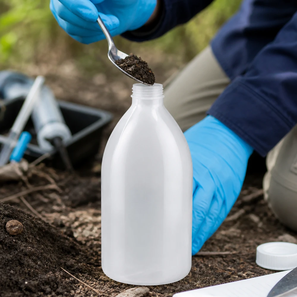 Butelka laboratoryjna HDPE o pojemności 1000 ml z wąską szyjką, przeznaczona do pobierania próbek gleby w terenie, bez zamknięcia
