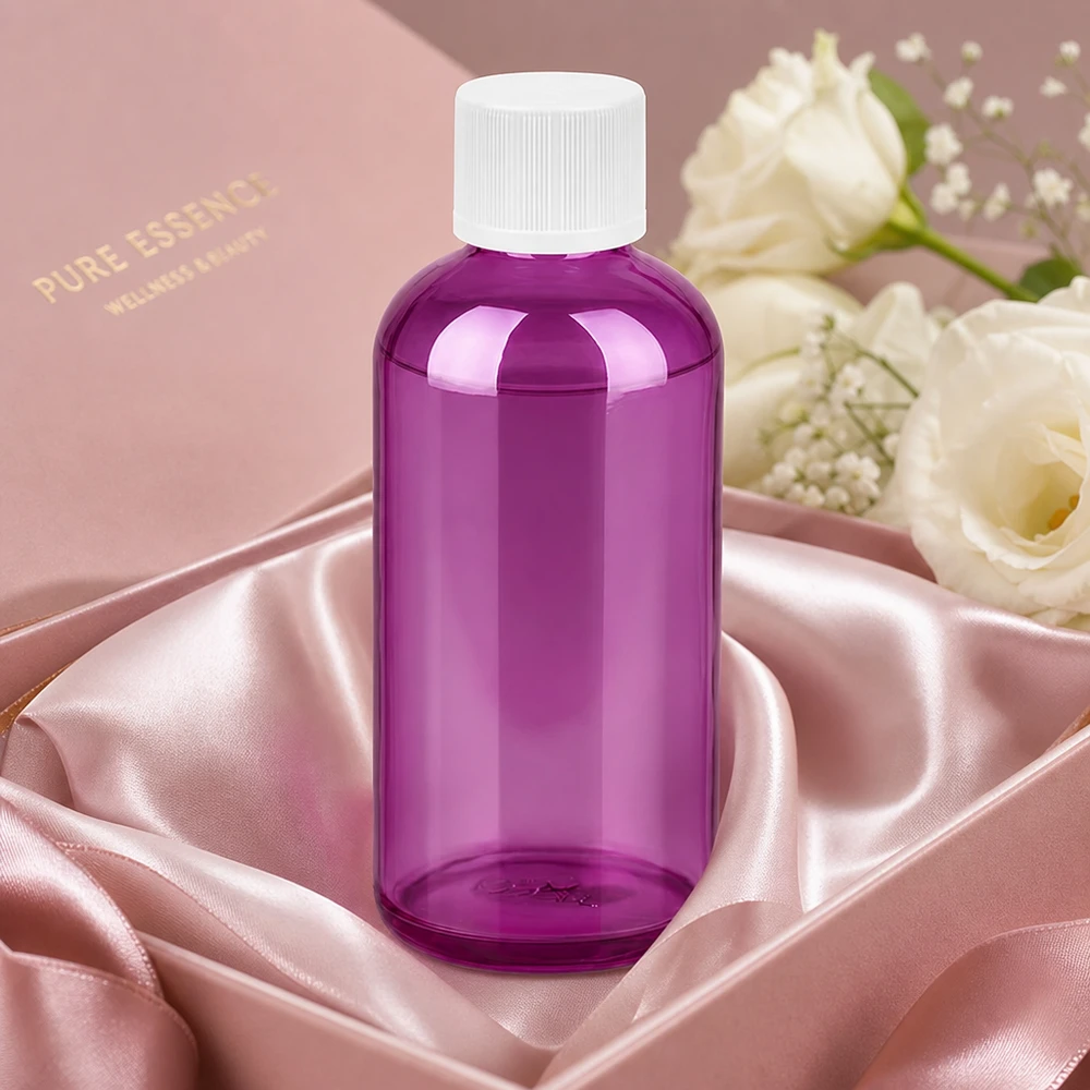 Butelka 100ml 11mm z białą zakrętką PurpleLine z zabezpieczeniem przed dziećmi. UT18/100 100 ml plastikowa butelka o gładkiej powierzchni w kolorze fioletowym, przezroczysta, z białą zakrętką