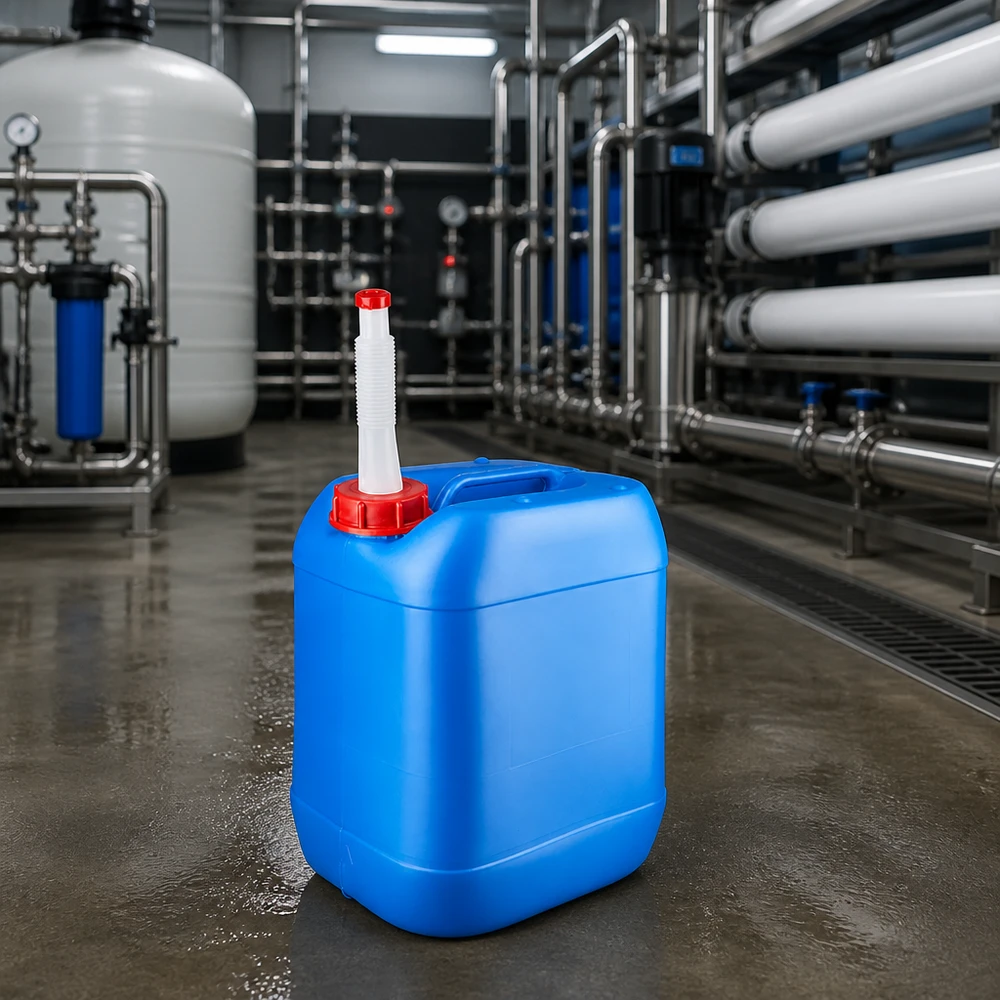 Niebieski kanister o pojemności 20 l z HDPE, z możliwością układania w stosy, wyposażony w rurkę wylotową, przeznaczony do instalacji uzdatniania wody