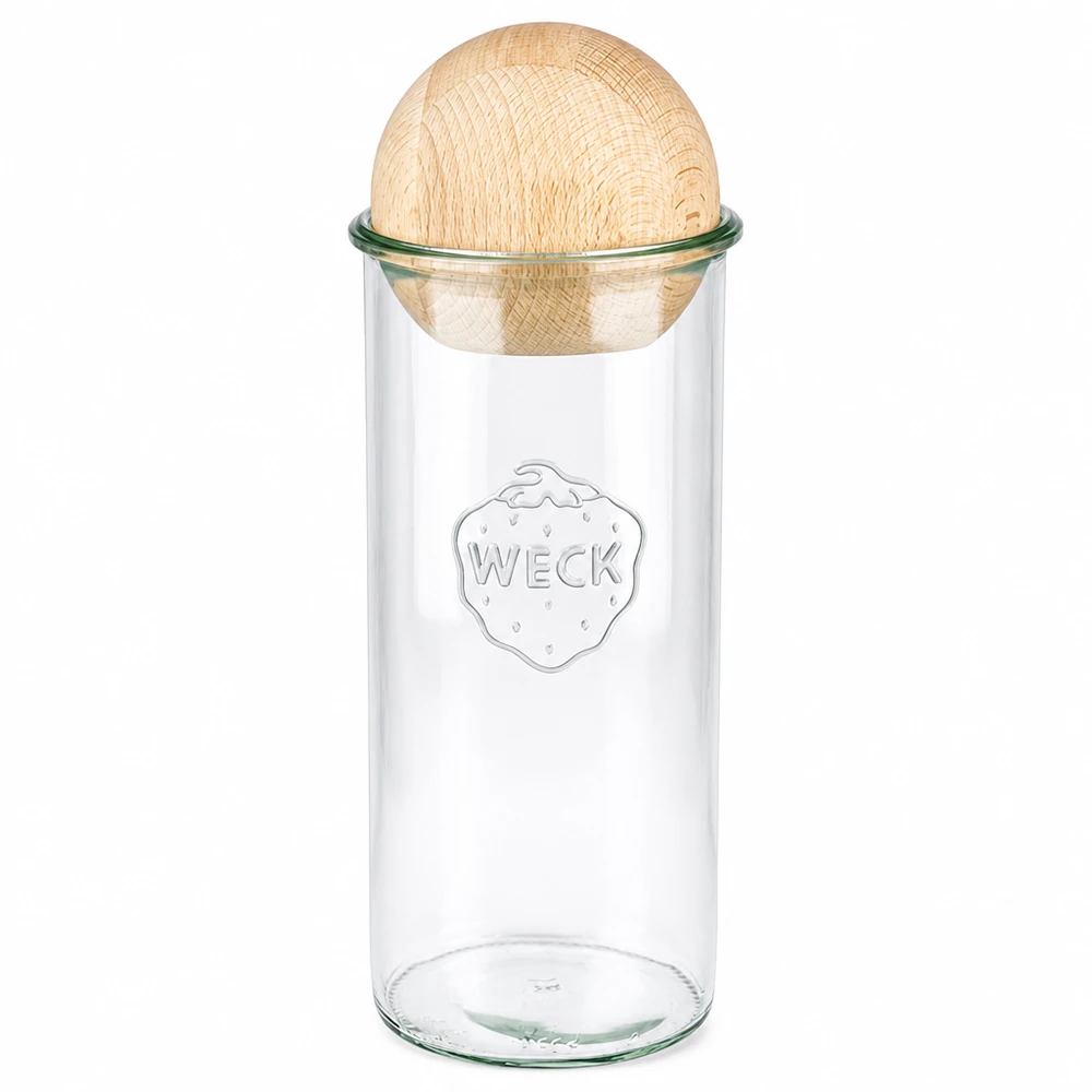 Tumbler 1500ml WECK RR100 z drewnianą kulką buk Kubek WECK RR100 1500 ml z pokrywką z drewna bukowego, przezroczysty słoik do przechowywania w kuchni