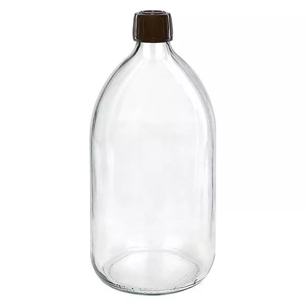 Butelka na lek 1000 ml przezroczysta, zakrętka brązowa z pierścieniem zabezpieczającym ApoGlas. Farmaceutyczna jakość produkcji UE. Gwint 28 mm (PP28). (syrop, butelka z lekkiego szkła) Butelka na lek 1000 ml przezroczysta, zakrętka brązowa z pierścieniem zabezpieczającym ApoGlas. Farmaceutyczna jakość produkcji UE. Gwint 28 mm (PP28). (syrop, butelka z lekkiego szkła)