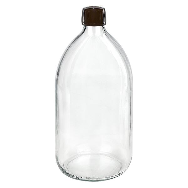 Butelka na lek 1000 ml przezroczysta, zakrętka brązowa z pierścieniem zabezpieczającym ApoGlas. Farmaceutyczna jakość produkcji UE. Gwint 28 mm (PP28). (syrop, butelka z lekkiego szkła) Butelka na lek 1000 ml przezroczysta, zakrętka brązowa z pierścieniem zabezpieczającym ApoGlas. Farmaceutyczna jakość produkcji UE. Gwint 28 mm (PP28). (syrop, butelka z lekkiego szkła)