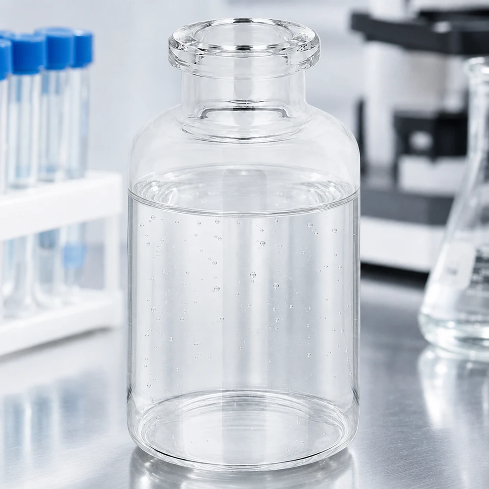 Butelka iniekcyjna z przezroczystego szkła 20 ml Glasbehälter 20ml für Injektionspräparate mit Mikroskop und Reagenzgläsern im Hintergrund