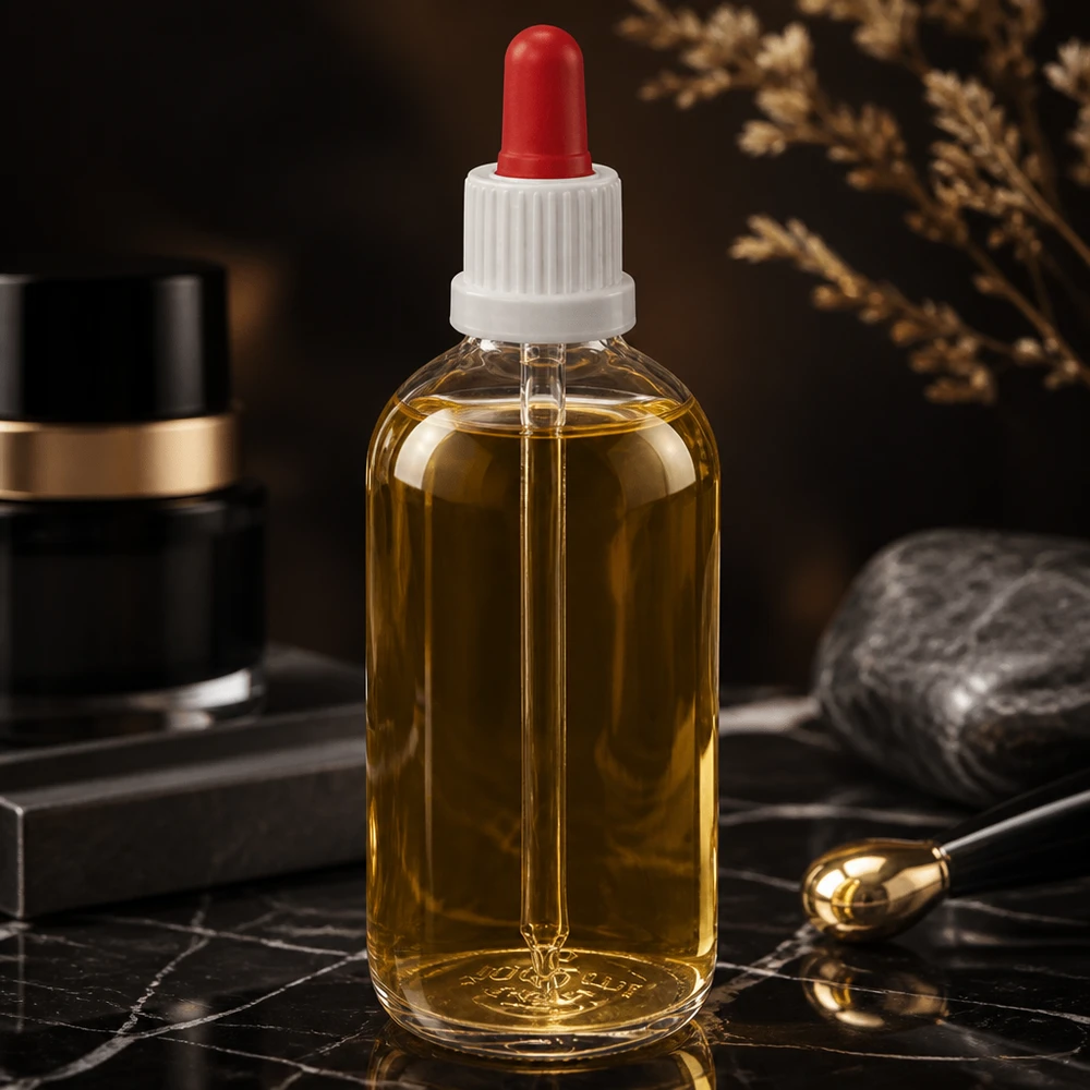 Złocistożółty olejek w szklanej butelce ClearLine o pojemności 100 ml z białą nakrętką z pipetą i czerwoną gumową kulką