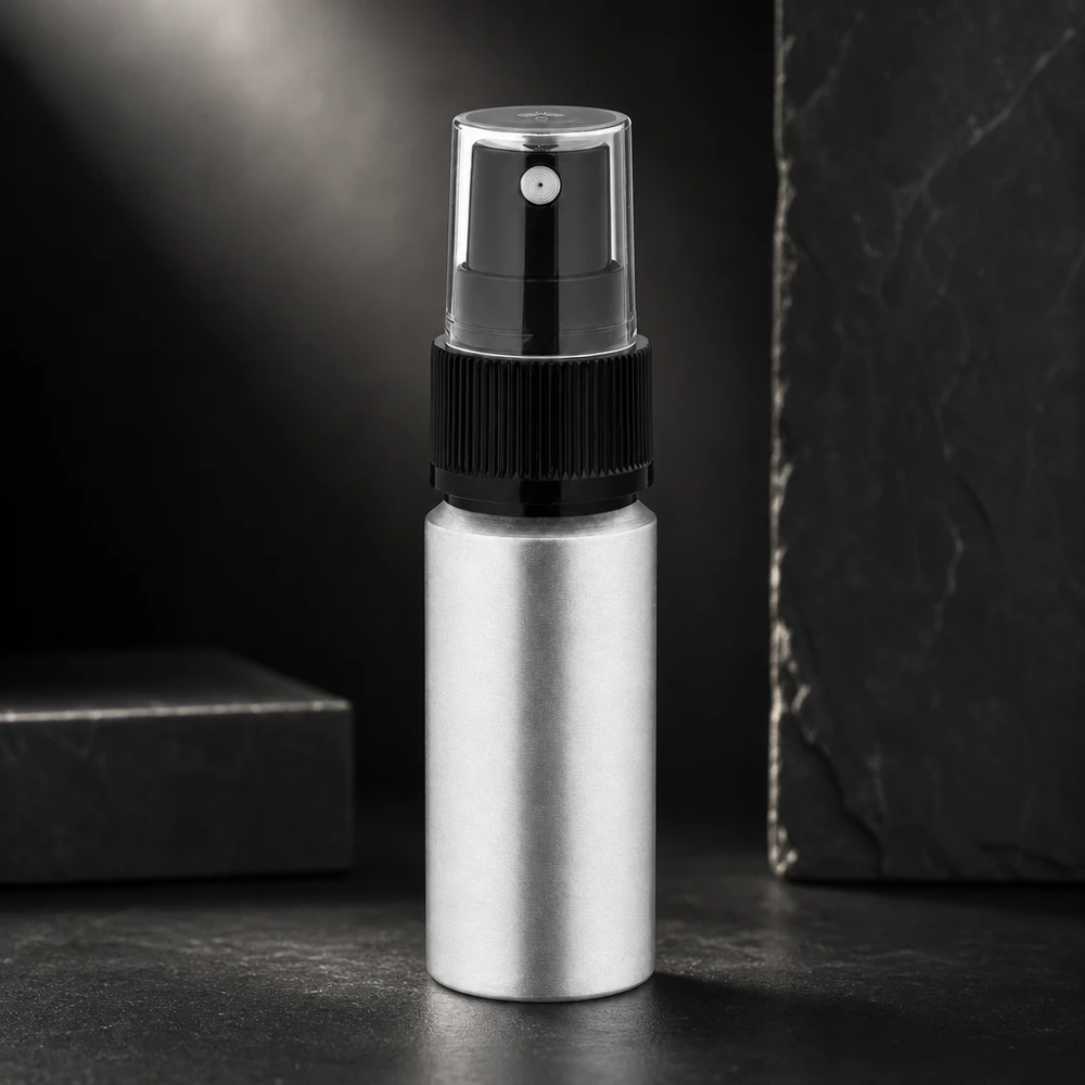 Butelka z barwionego aluminium o pojemności 20 ml z atomizerem Elegancka aluminiowa butelka z rozpylaczem o pojemności 20 ml w kolorze bejcy z przezroczystą nasadką ochronną
