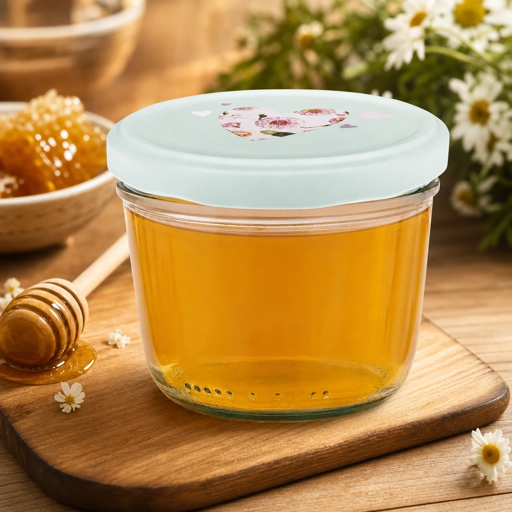 Miód w słoiku 230 ml z pokrywką BasicSeal, miętowe serce, słoik miodu na drewnianej desce z łyżką miodu i kwiatami