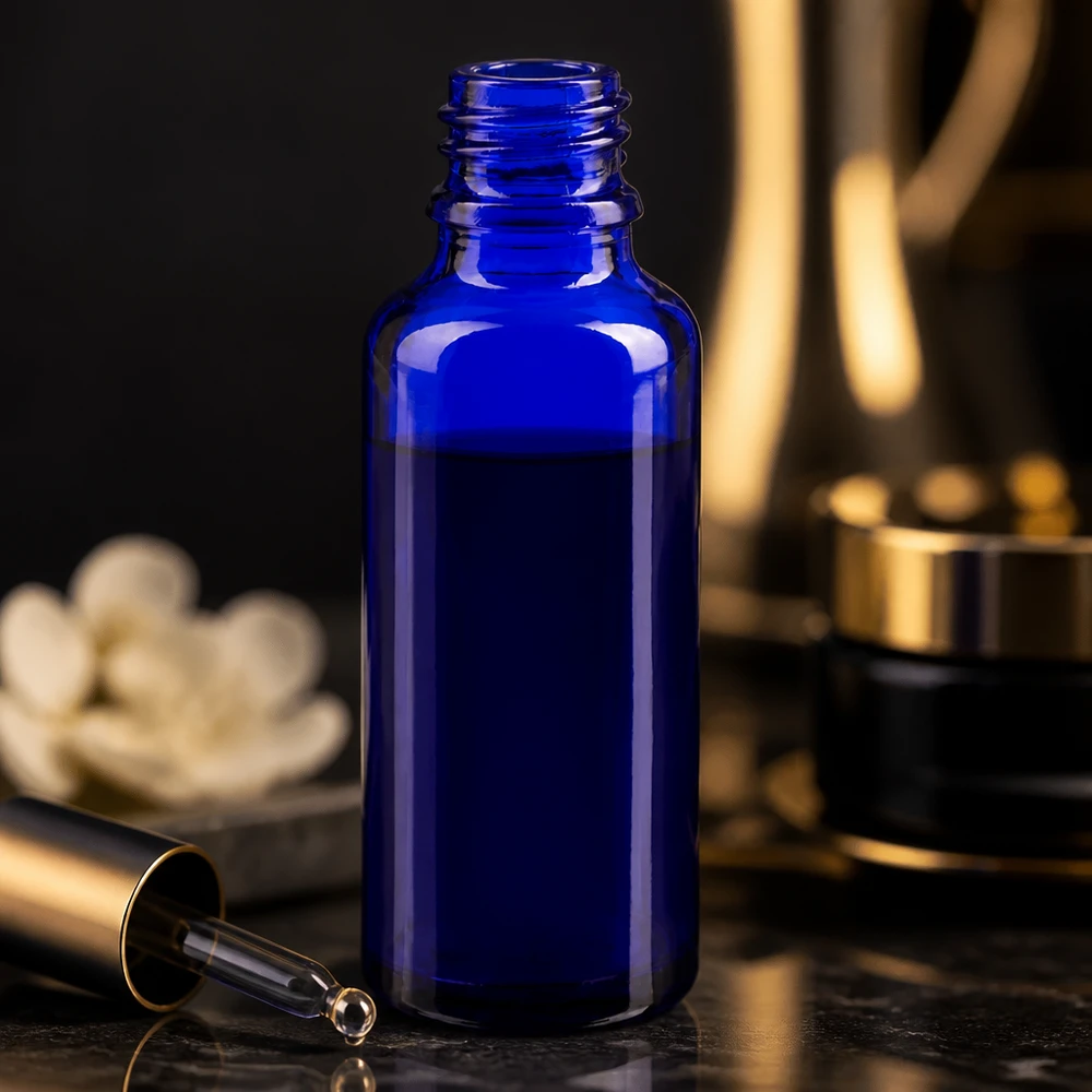 Butelka z zakraplaczem 30 ml DIN 18 NIEBIESKIE SZKŁO Elegancka buteleczka apteczna ApoGlas o pojemności 30 ml w kolorze kobaltowym, bez nakrętki, na ciemnej marmurowanej powierzchni