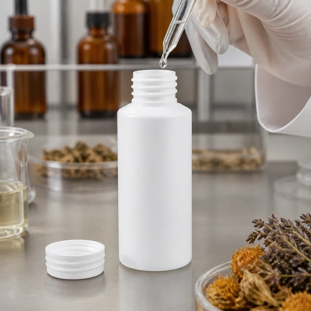 Biała butelka apteczna z HDPE o pojemności 30 ml z pipetą kroplową podczas napełniania w laboratorium