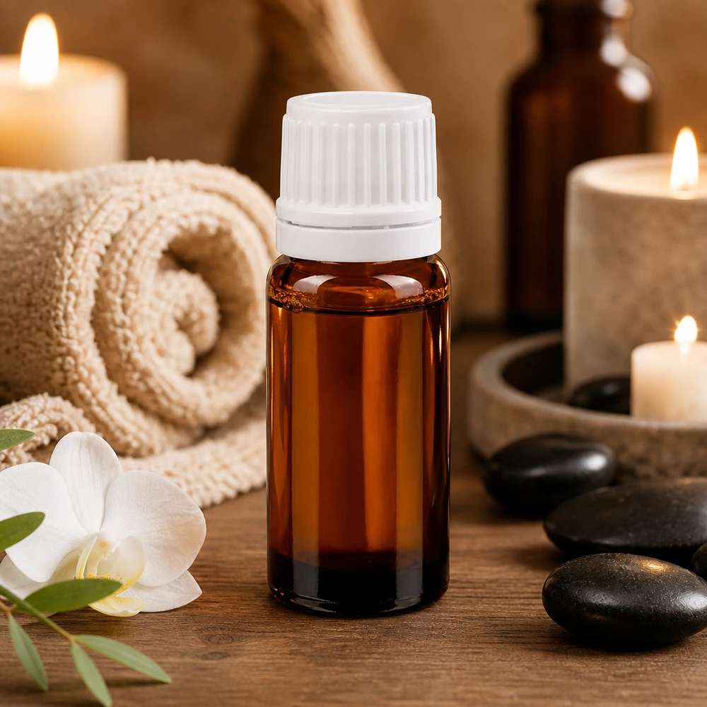 Szklana butelka z kroplomierzem o pojemności 10 ml z białym zakrętkiem, przeznaczona do olejków do masażu i produktów wellness