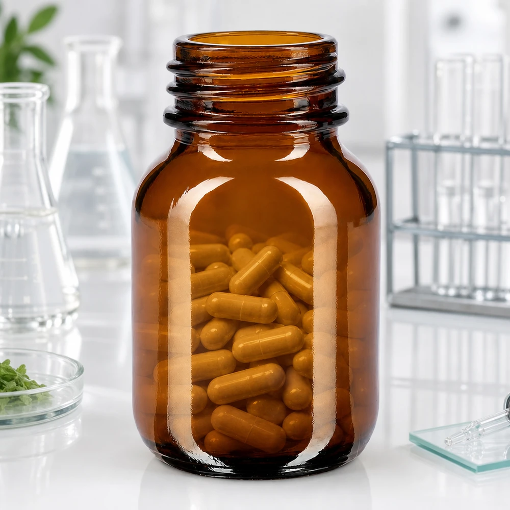 Bursztynowa butelka z szeroką szyjką o pojemności 50 ml Butelka z brązowego szkła o pojemności 50 ml z szerokim otworem, idealna do kapsułek i tabletek