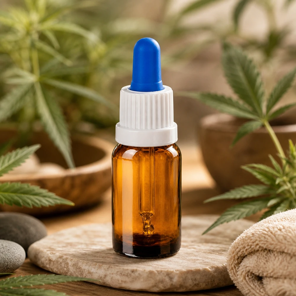 Mała pipeta o pojemności 10 ml wykonana z bursztynowego szkła z ergonomiczną białą nasadką i niebieską końcówką