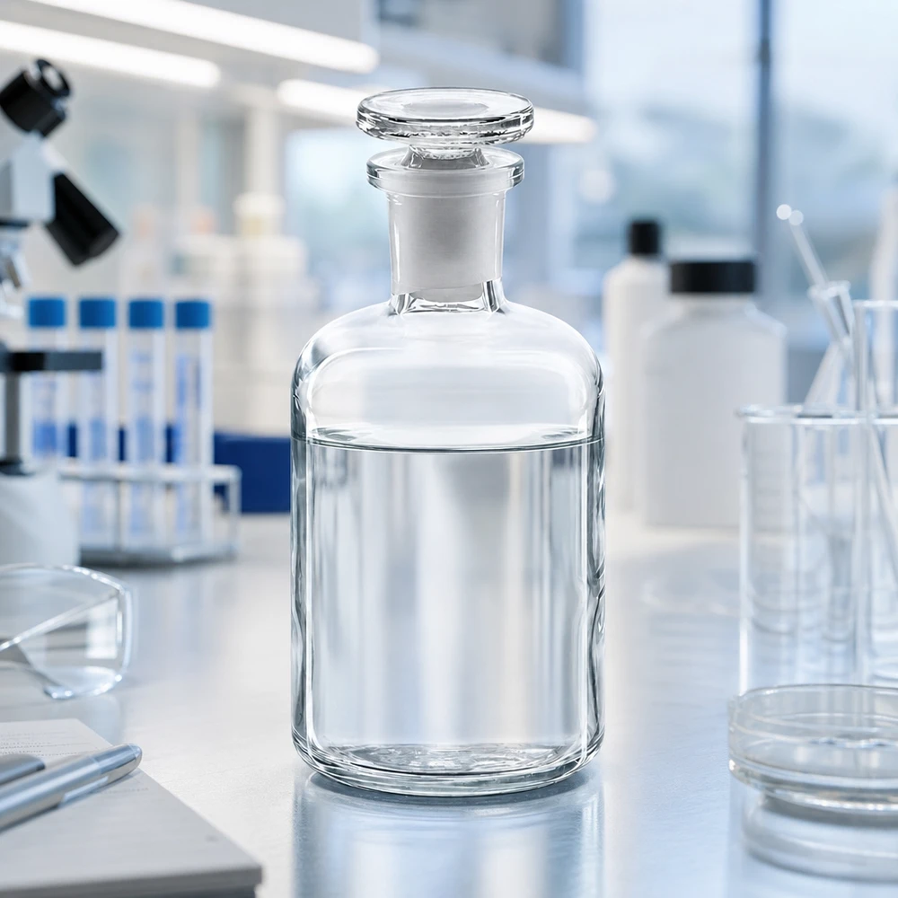 Pusta butelka ze szkła przezroczystego o pojemności 100 ml, z wąską szyjką i szklanym korkiem, w nowoczesnym laboratorium