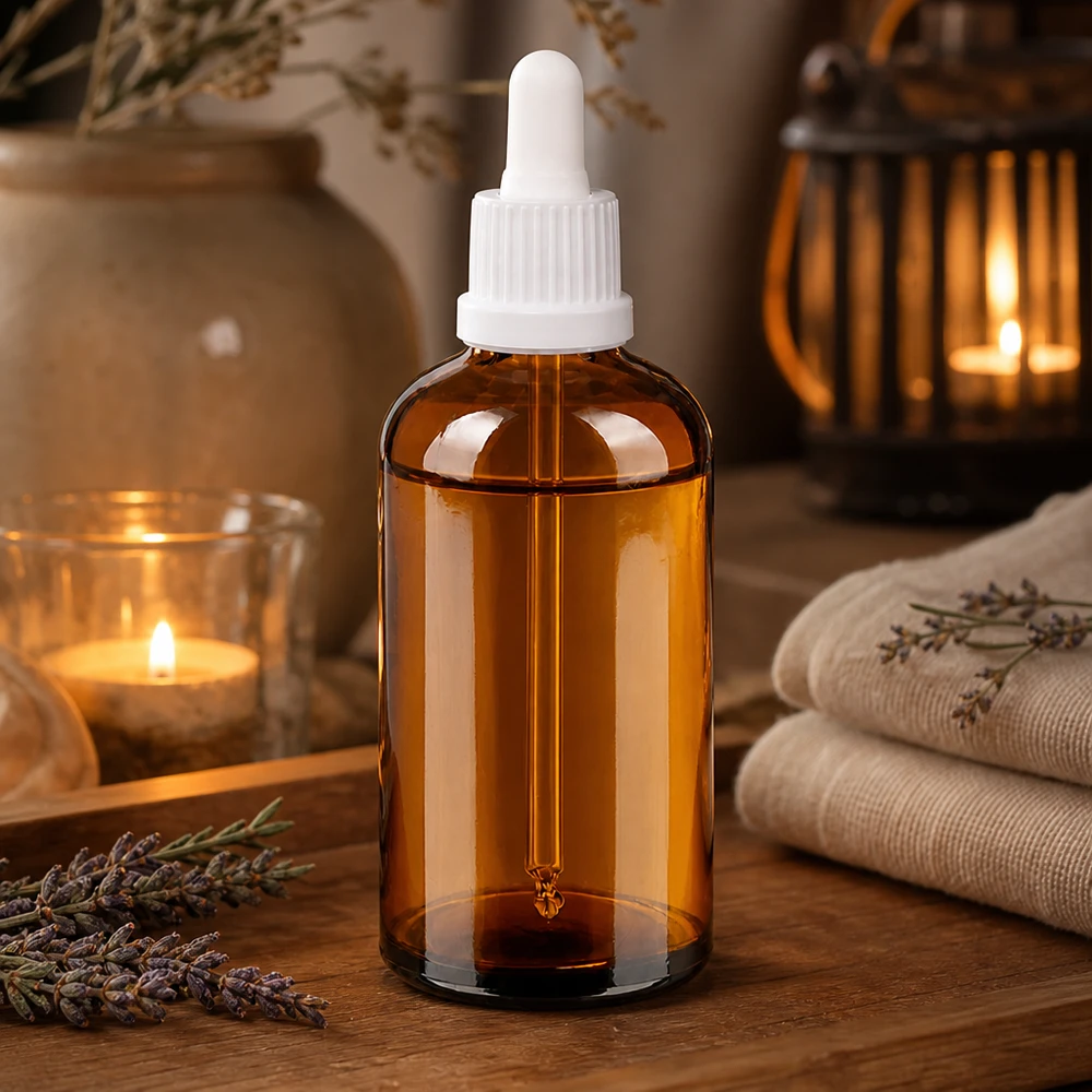 Butelka aptekarska 100 ml z bursztynowego szkła z pipetą do zastosowań w aromaterapii