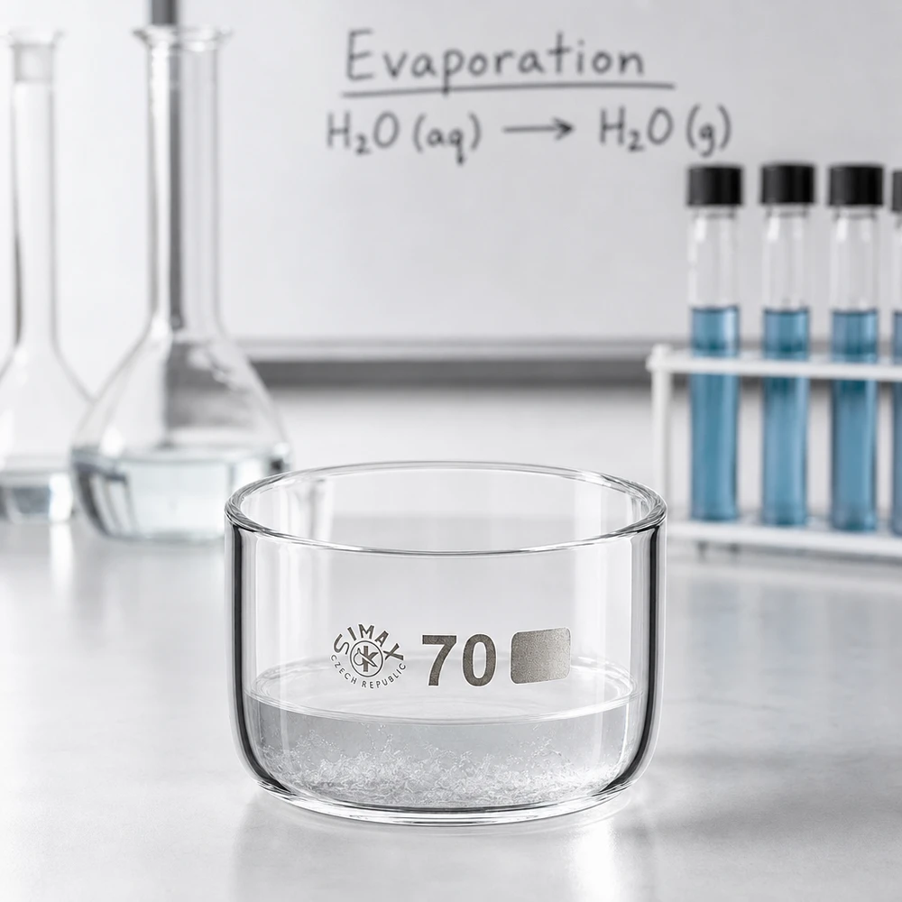 Miska krystalizacyjna o pojemności 100 ml, wykonana ze szkła borokrzemowego, z białymi kryształkami soli na stole laboratoryjnym podczas eksperymentu z odparowaniem