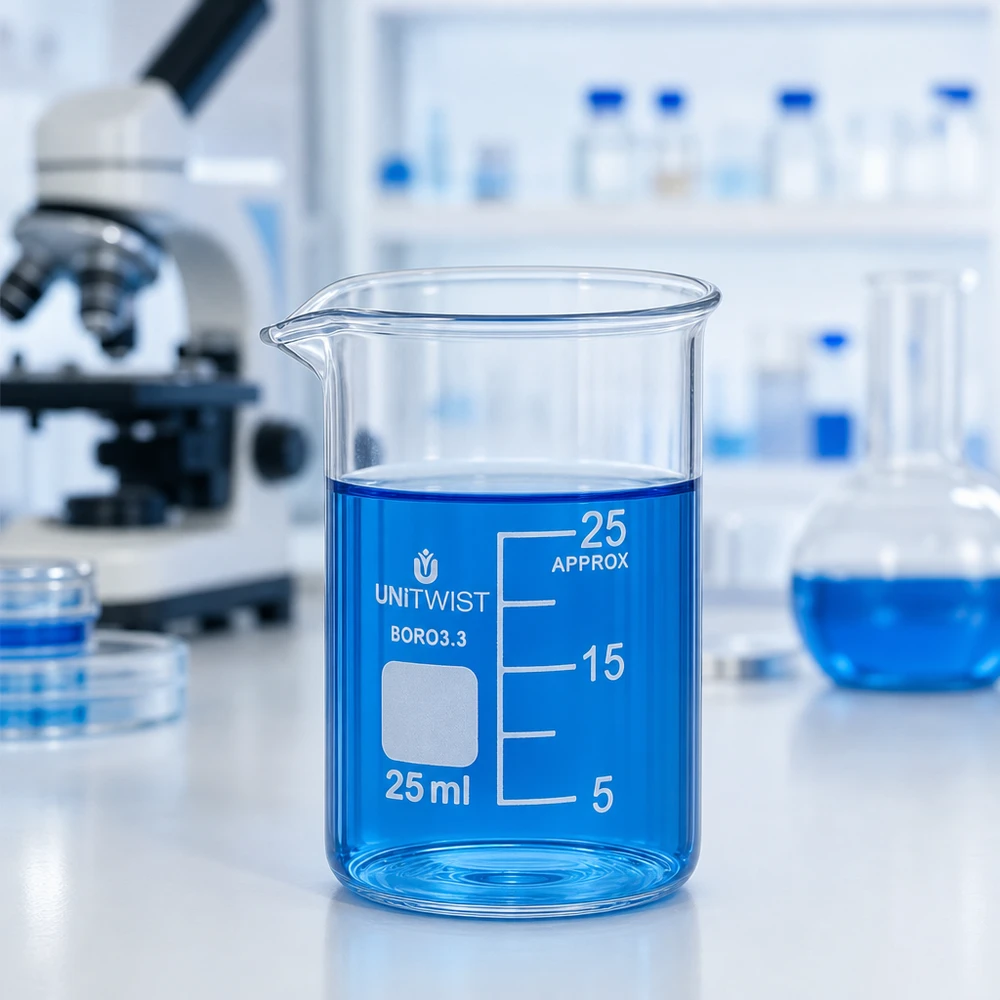 Zlewka 25 ml borokrzemianowa, niskoprofilowa UNiTWIST Szklanka UNiTWIST o pojemności 25 ml i niskim kształcie, zawierająca niebieski płyn, w laboratorium na białym blacie roboczym