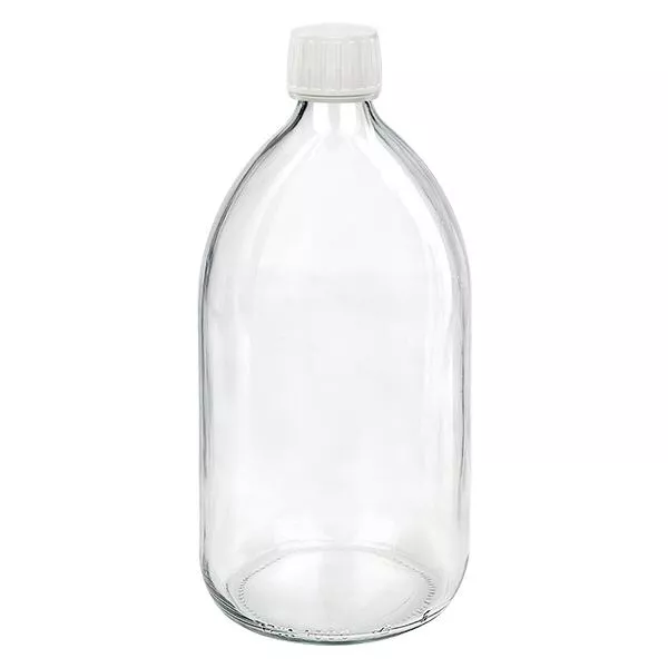 Butelka na lek 1000 ml przezroczysta, zakrętka biała z pierścieniem zabezpieczającym ApoGlas. Farmaceutyczna jakość produkcji UE. Gwint 28 mm (PP28). (syrop, butelka z lekkiego szkła) Butelka na lek 1000 ml przezroczysta, zakrętka biała z pierścieniem zabezpieczającym ApoGlas. Farmaceutyczna jakość produkcji UE. Gwint 28 mm (PP28). (syrop, butelka z lekkiego szkła)