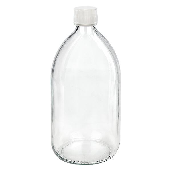 Butelka na lek 1000 ml przezroczysta, zakrętka biała z pierścieniem zabezpieczającym ApoGlas. Farmaceutyczna jakość produkcji UE. Gwint 28 mm (PP28). (syrop, butelka z lekkiego szkła) Butelka na lek 1000 ml przezroczysta, zakrętka biała z pierścieniem zabezpieczającym ApoGlas. Farmaceutyczna jakość produkcji UE. Gwint 28 mm (PP28). (syrop, butelka z lekkiego szkła)