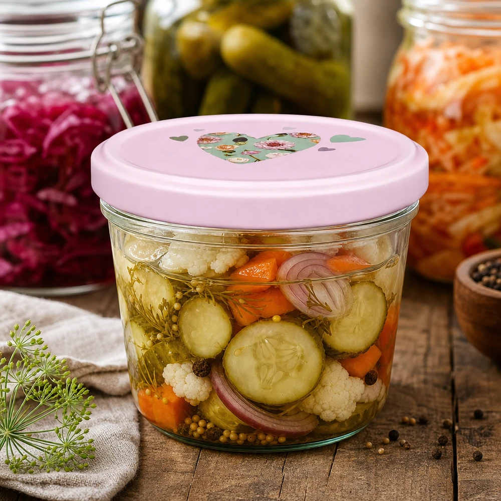 Szklanka z pokrywką 230 ml + pokrywka BasicSeal serce różowa UN.. Sturzglas 230ml mit rosa Herz-Deckel für eingelegtes Gemüse Mixed Pickles Gurken Karotten Blumenkohl fermentieren
