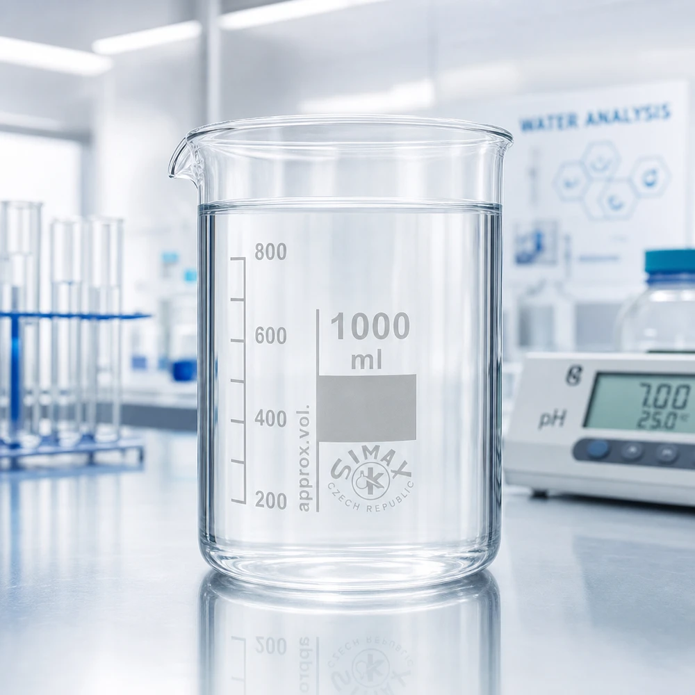 Zlewka 1000 ml ze szkła borokrzemowego, niski kształt Zlewka 1000 ml ze szkła borokrzemianowego o niskim kształcie z krawędzią ułatwiającą nalewanie.